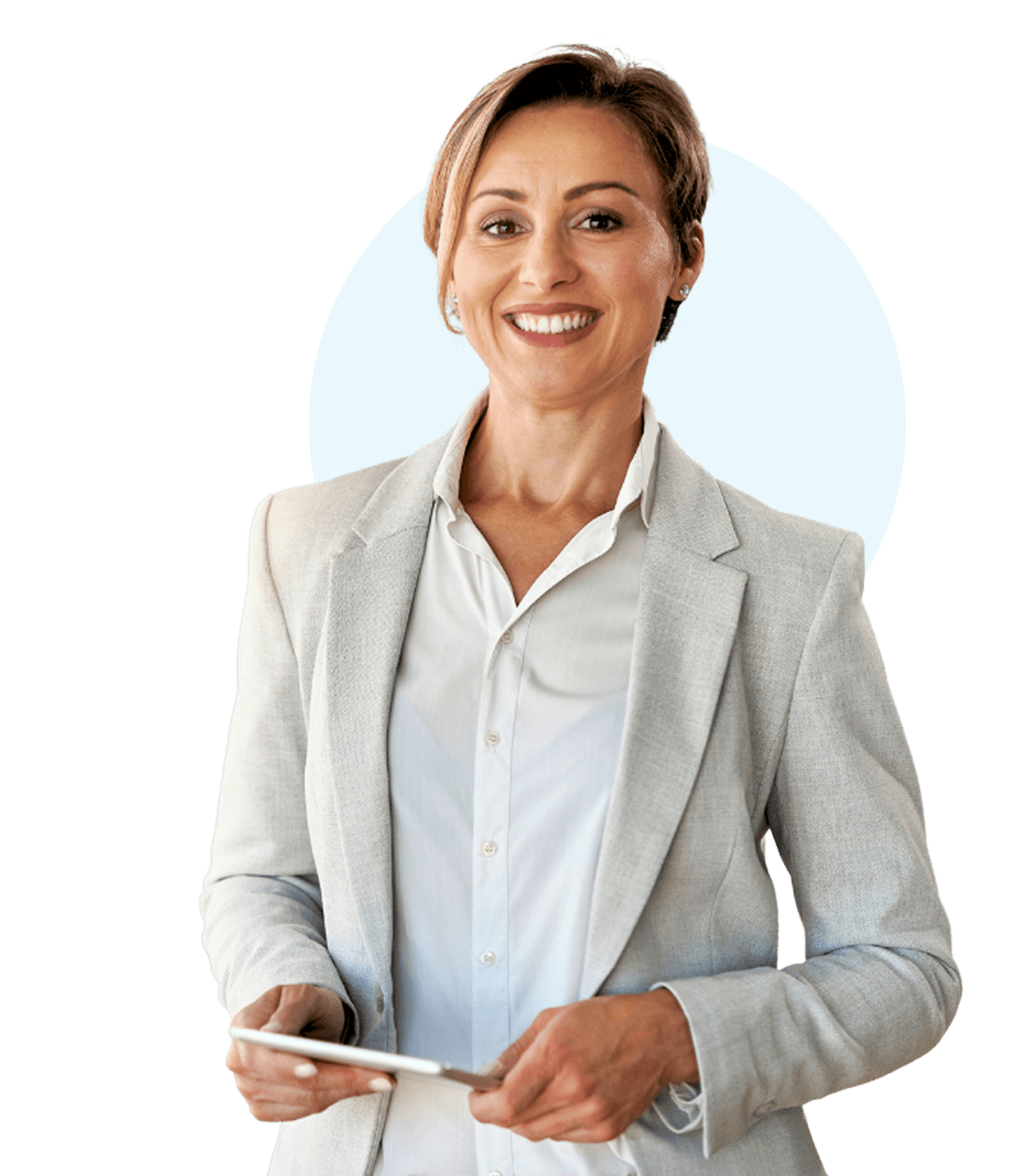 Smiling real estate professional woman holding a tablet.